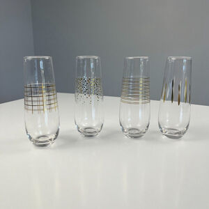 Hand blown glass champagne flute wine glasses set of 4 gold detail stemless